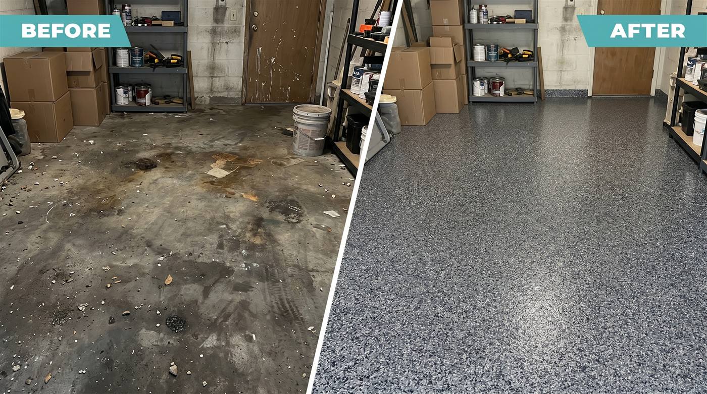 Before and after: stained carport slab coated with salt-resistant flake system