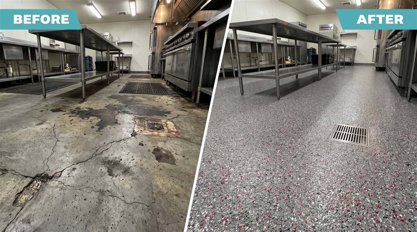 Before and after: cracked commercial kitchen floor recoated with seamless epoxy