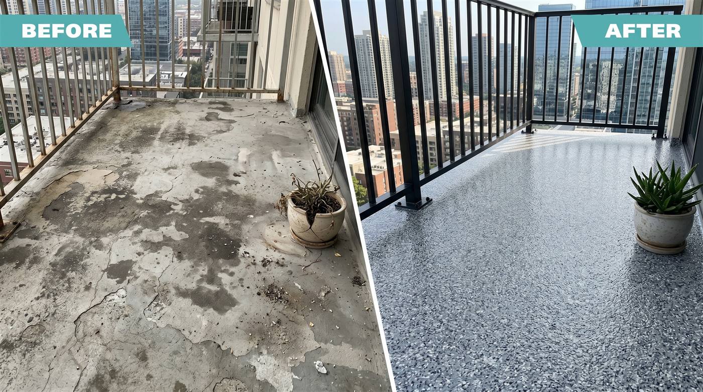 Before and after: oil-stained garage workshop floor transformed with blue full-flake epoxy