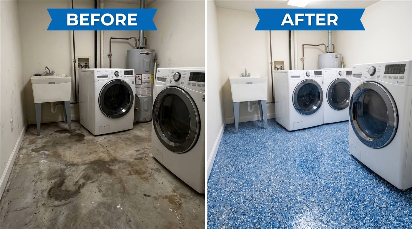 Before and after: laundry room concrete sealed with easy-clean epoxy coating