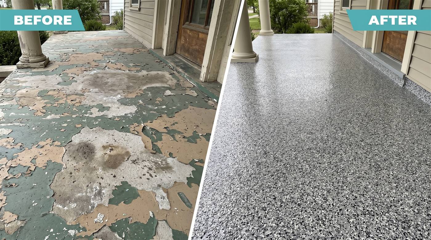 Before and after: peeling painted porch restored with UV-stable flake coating