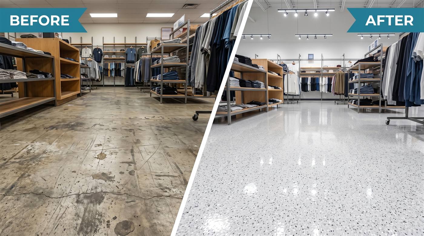 Before and after: worn retail store concrete upgraded to bright seamless epoxy