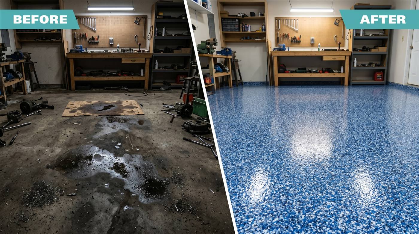 Before and after: workshop floor coated with durable flake epoxy system